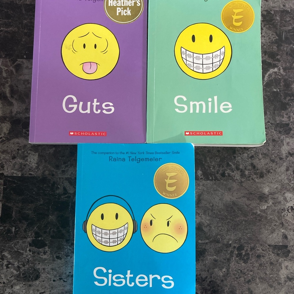 Scholastic Graphic Novels Trio - Guts, Smile & Sisters. By Raina Telgemeier